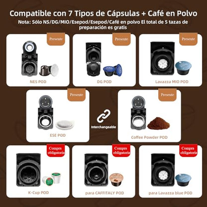 Expreso 513F 5 en 1 Cafetera de Capsulas para Dolce Gusto/Nespresso Original/Lavazza Mio/Ground/ESE Pods,19 Bar Alta Presión Apagado Automático Depósito cafetera capsulas…