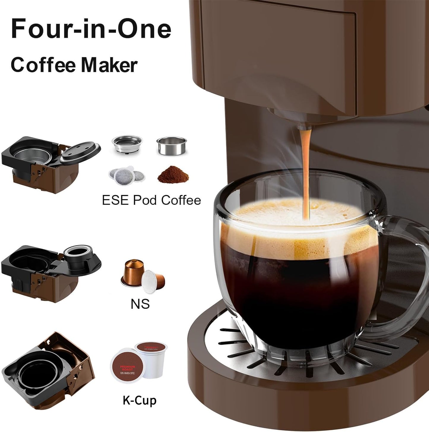 KOTLIE 513K Espresso 4in1 Coffee Machine for Nespresso Original/K-Cup/L’OR/Starbucks/Ground Capsule and 44mm ESE Coffee Pods, 19 Bar 1450W Automatic Coffee Machines AC-513K(Brown)