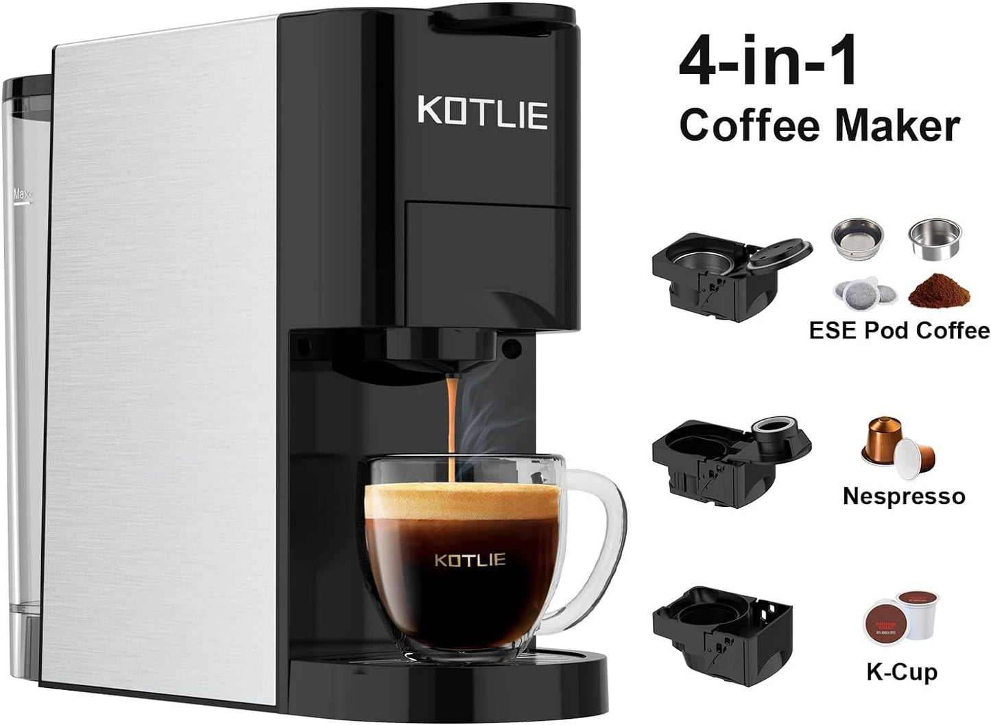 KOTLIE 513K Espresso Machine,Set volume freely,4 in 1 Single Serve Coffee Maker for Nespresso original/K cup/Coffee Powder/illy 44mm ESE coffee,19Bar Espresso Maker
