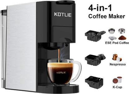 KOTLIE 513K Espresso Machine,Set volume freely,4 in 1 Single Serve Coffee Maker for Nespresso original/K cup/Coffee Powder/illy 44mm ESE coffee,19Bar Espresso Maker