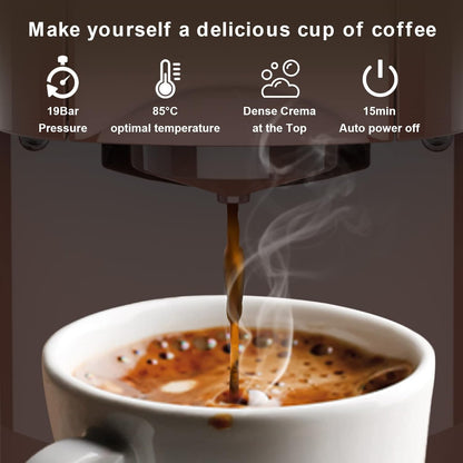 KOTLIE 513K Espresso 4in1 Coffee Machine for Nespresso Original/K-Cup/L’OR/Starbucks/Ground Capsule and 44mm ESE Coffee Pods, 19 Bar 1450W Automatic Coffee Machines AC-513K(Brown)