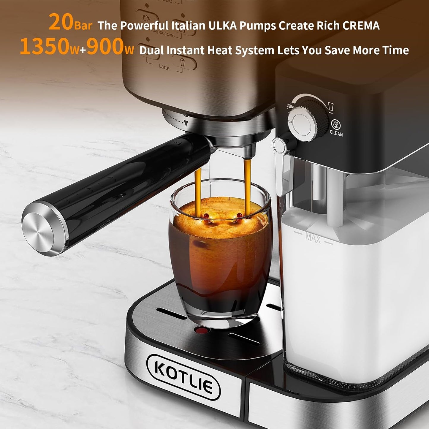 KOTLIE Cappuccino & Latte Espresso Coffee Machine, One-Touch Automatic Coffee maker for Espresso, Cappuccino and Latte, ESE Pod Compatible, 20Bar Italian Pump, Dual Heat System 1350W and 900W,