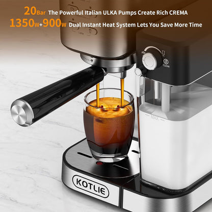 KOTLIE Cappuccino & Latte Espresso Coffee Machine, One-Touch Automatic Coffee maker for Espresso, Cappuccino and Latte, ESE Pod Compatible, 20Bar Italian Pump, Dual Heat System 1350W and 900W,