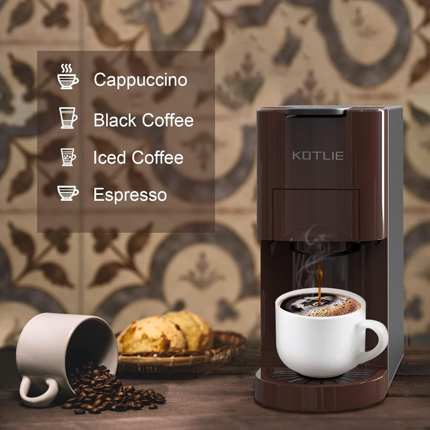 KOTLIE 513K Espresso 4in1 Coffee Machine for Nespresso Original/K-Cup/L’OR/Starbucks/Ground Capsule and 44mm ESE Coffee Pods, 19 Bar 1450W Automatic Coffee Machines AC-513K(Brown)