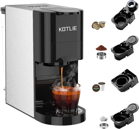 KOTLIE 513K Espresso Machine,Set volume freely,4 in 1 Single Serve Coffee Maker for Nespresso original/K cup/Coffee Powder/illy 44mm ESE coffee,19Bar Espresso Maker