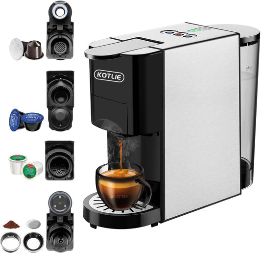 KOTLIE 513F 19Bar Espresso Machine,5in1 Single Serve Coffee Maker for Nespresso Original/Dolce Gusto/K cups/L'OR/Ground Coffee/illy 44mm ESE,Hot&Cold Brew Coffee Machine,Level 7 water volume