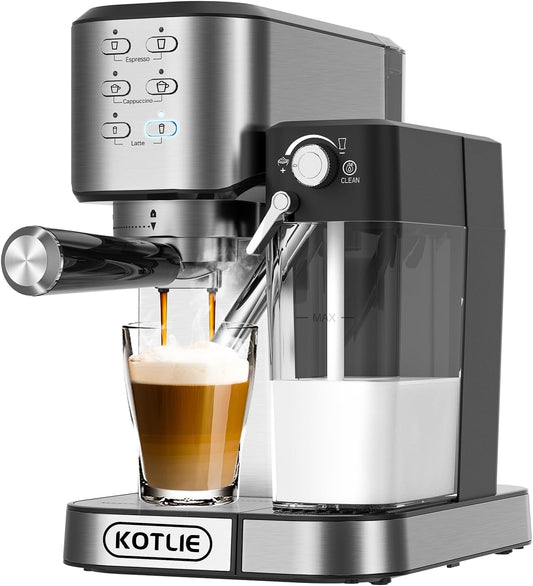 KOTLIE Cappuccino & Latte Espresso Coffee Machine, One-Touch Automatic Coffee maker for Espresso, Cappuccino and Latte, ESE Pod Compatible, 20Bar Italian Pump, Dual Heat System 1350W and 900W,