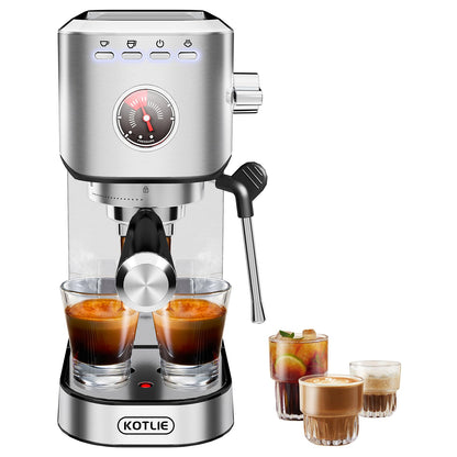 KOTLIE Cafetera Express, Cafeteras de Café de Bomba Tradicional Compacta de 15 Bar con Espumador de Leche, Acero Inoxidable,1L