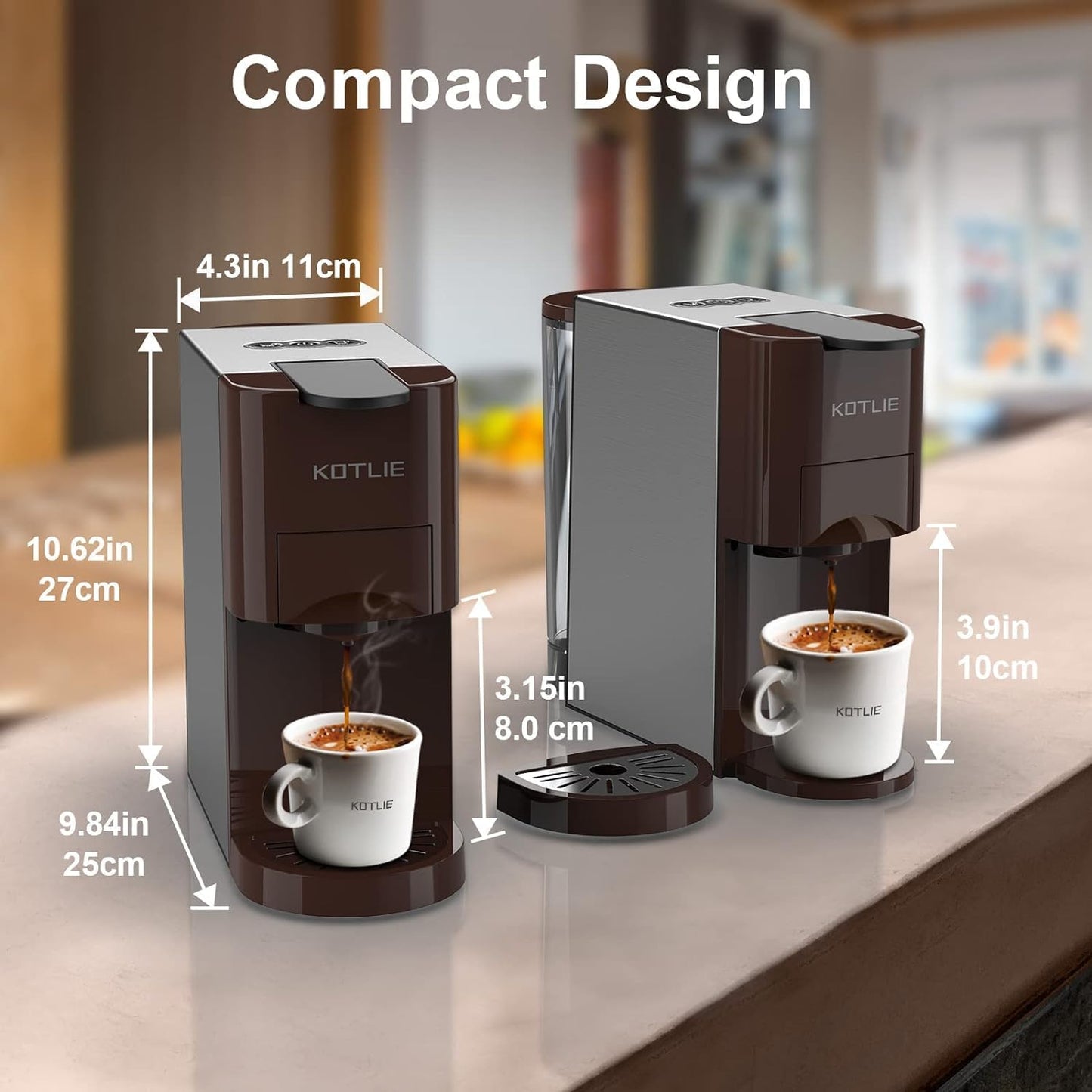 KOTLIE 513K Espresso 4in1 Coffee Machine for Nespresso Original/K-Cup/L’OR/Starbucks/Ground Capsule and 44mm ESE Coffee Pods, 19 Bar 1450W Automatic Coffee Machines AC-513K(Brown)