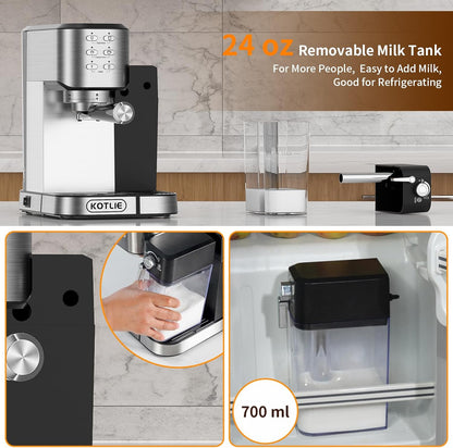 KOTLIE Cappuccino & Latte Espresso Coffee Machine, One-Touch Automatic Coffee maker for Espresso, Cappuccino and Latte, ESE Pod Compatible, 20Bar Italian Pump, Dual Heat System 1350W and 900W,