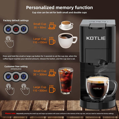 KOTLIE 513K Espresso Machine,Set volume freely,4 in 1 Single Serve Coffee Maker for Nespresso original/K cup/Coffee Powder/illy 44mm ESE coffee,19Bar Espresso Maker
