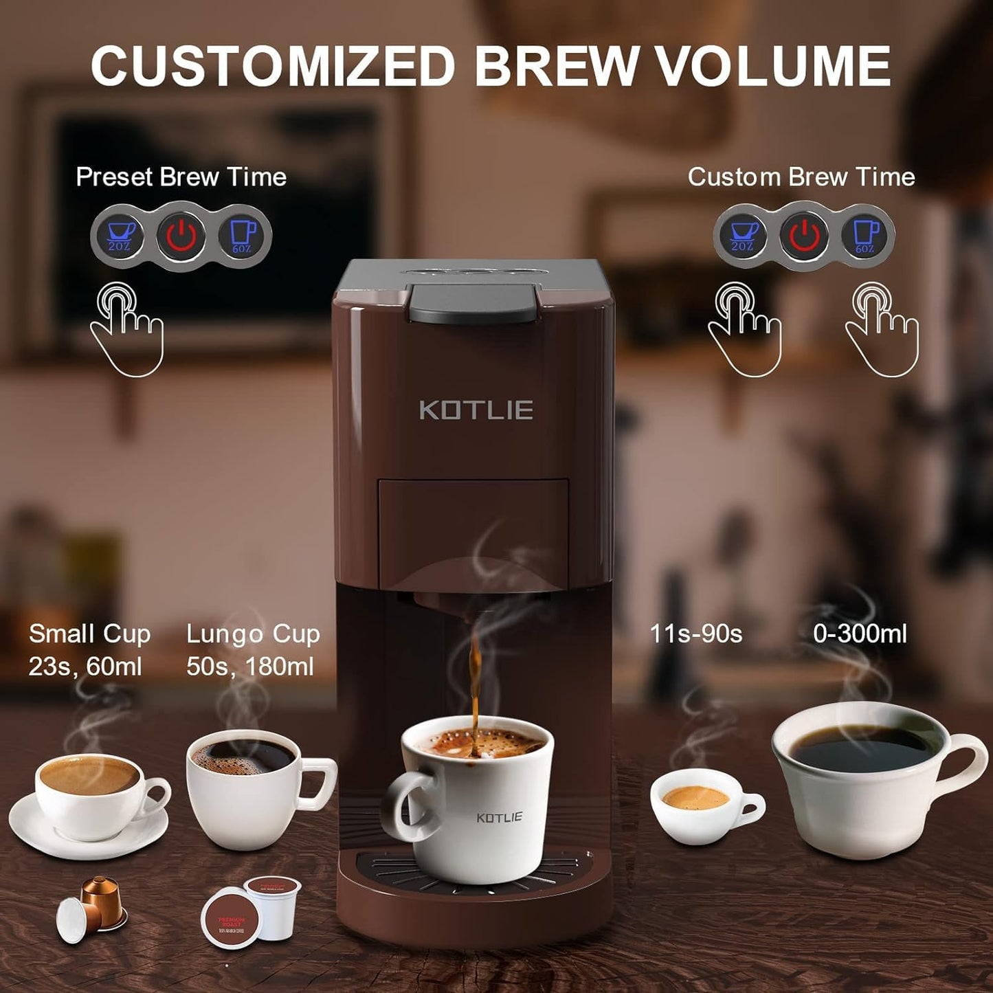 KOTLIE 513K Espresso 4in1 Coffee Machine for Nespresso Original/K-Cup/L’OR/Starbucks/Ground Capsule and 44mm ESE Coffee Pods, 19 Bar 1450W Automatic Coffee Machines AC-513K(Brown)