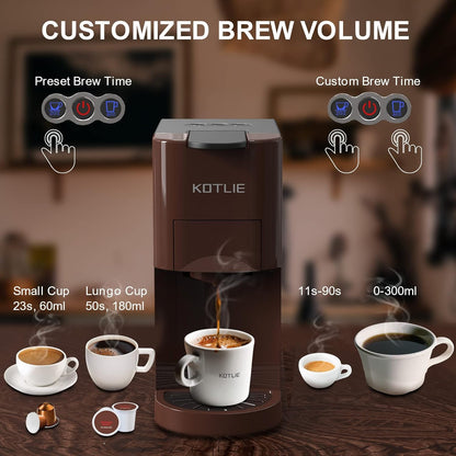 KOTLIE 513K Espresso 4in1 Coffee Machine for Nespresso Original/K-Cup/L’OR/Starbucks/Ground Capsule and 44mm ESE Coffee Pods, 19 Bar 1450W Automatic Coffee Machines AC-513K(Brown)