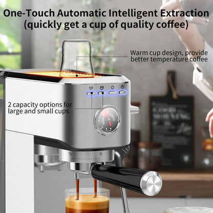 KOTLIE Cafetera Express, Cafeteras de Café de Bomba Tradicional Compacta de 15 Bar con Espumador de Leche, Acero Inoxidable,1L