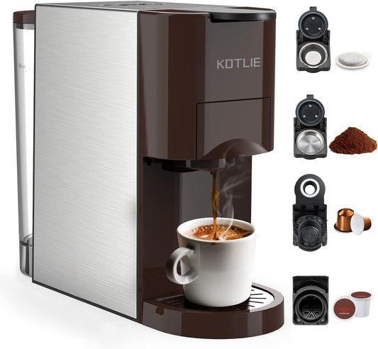 KOTLIE 513K Espresso 4in1 Coffee Machine for Nespresso Original/K-Cup/L’OR/Starbucks/Ground Capsule and 44mm ESE Coffee Pods, 19 Bar 1450W Automatic Coffee Machines AC-513K(Brown)