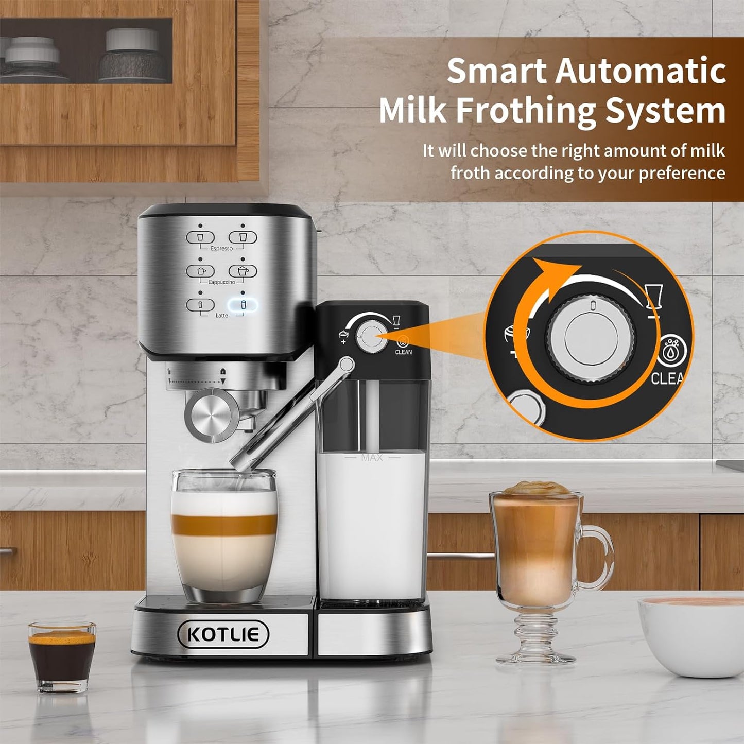 KOTLIE Cappuccino & Latte Espresso Coffee Machine, One-Touch Automatic Coffee maker for Espresso, Cappuccino and Latte, ESE Pod Compatible, 20Bar Italian Pump, Dual Heat System 1350W and 900W,