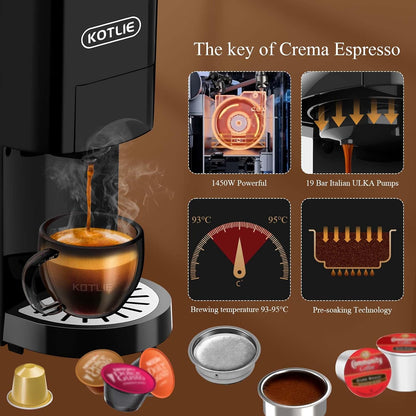 KOTLIE 513F 19Bar Espresso Machine,5in1 Single Serve Coffee Maker for Nespresso Original/Dolce Gusto/K cups/L'OR/Ground Coffee/illy 44mm ESE,Hot&Cold Brew Coffee Machine,Level 7 water volume