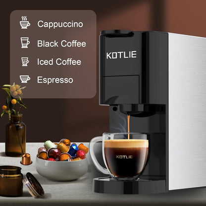 KOTLIE 513K Espresso Machine,Set volume freely,4 in 1 Single Serve Coffee Maker for Nespresso original/K cup/Coffee Powder/illy 44mm ESE coffee,19Bar Espresso Maker