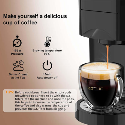 KOTLIE 513K Espresso Machine,Set volume freely,4 in 1 Single Serve Coffee Maker for Nespresso original/K cup/Coffee Powder/illy 44mm ESE coffee,19Bar Espresso Maker