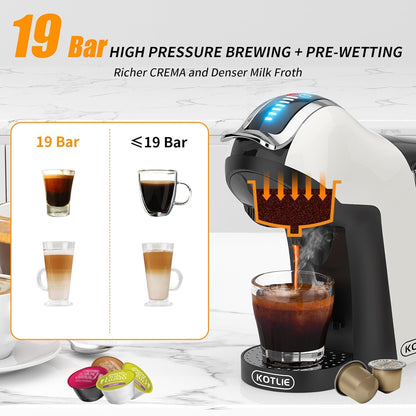 KOTLIE 308A Espresso Machine that makes milk froth,Single-Serve Coffee Maker for Kcup/Nespresso Original/Dolce Gusto/Starbucks Tea and Milk Capsules/Coffee Powder/illy 44mm ESE,19Bar,Cold&Hot brew