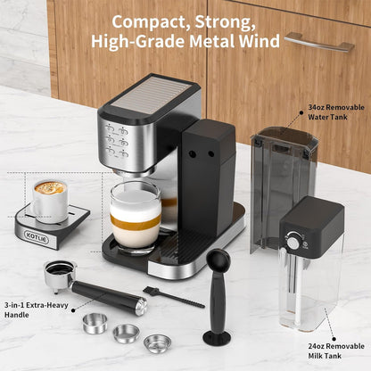 KOTLIE Cappuccino & Latte Espresso Coffee Machine, One-Touch Automatic Coffee maker for Espresso, Cappuccino and Latte, ESE Pod Compatible, 20Bar Italian Pump, Dual Heat System 1350W and 900W,